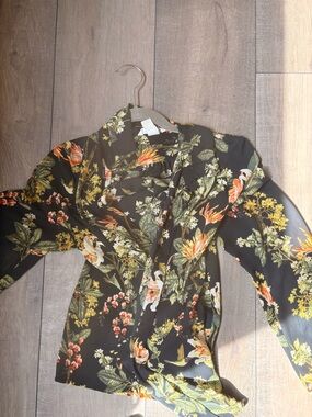 Black Floral Button-Up Blouse with Orange and Green Botanical Print